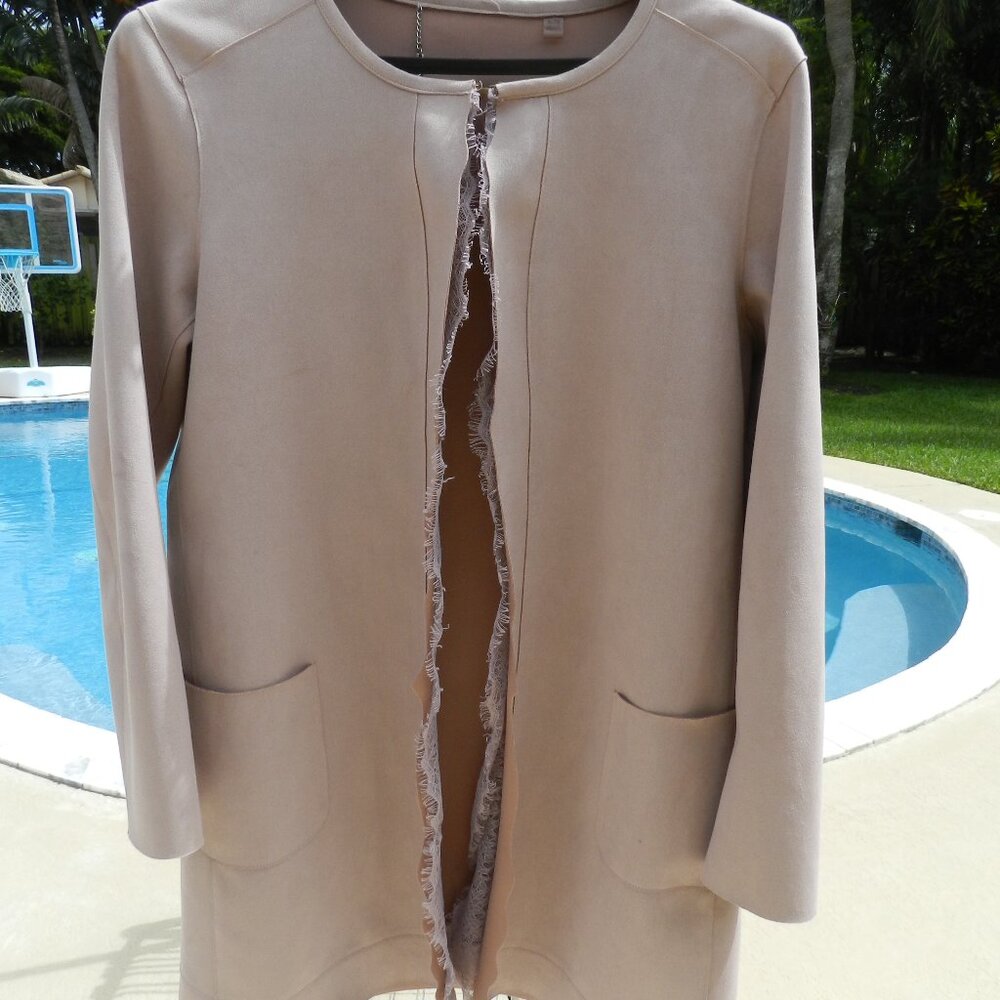 Chic Beige Rose Pink Open Front Blazer Jacket with Raw Edge Trim Size XL